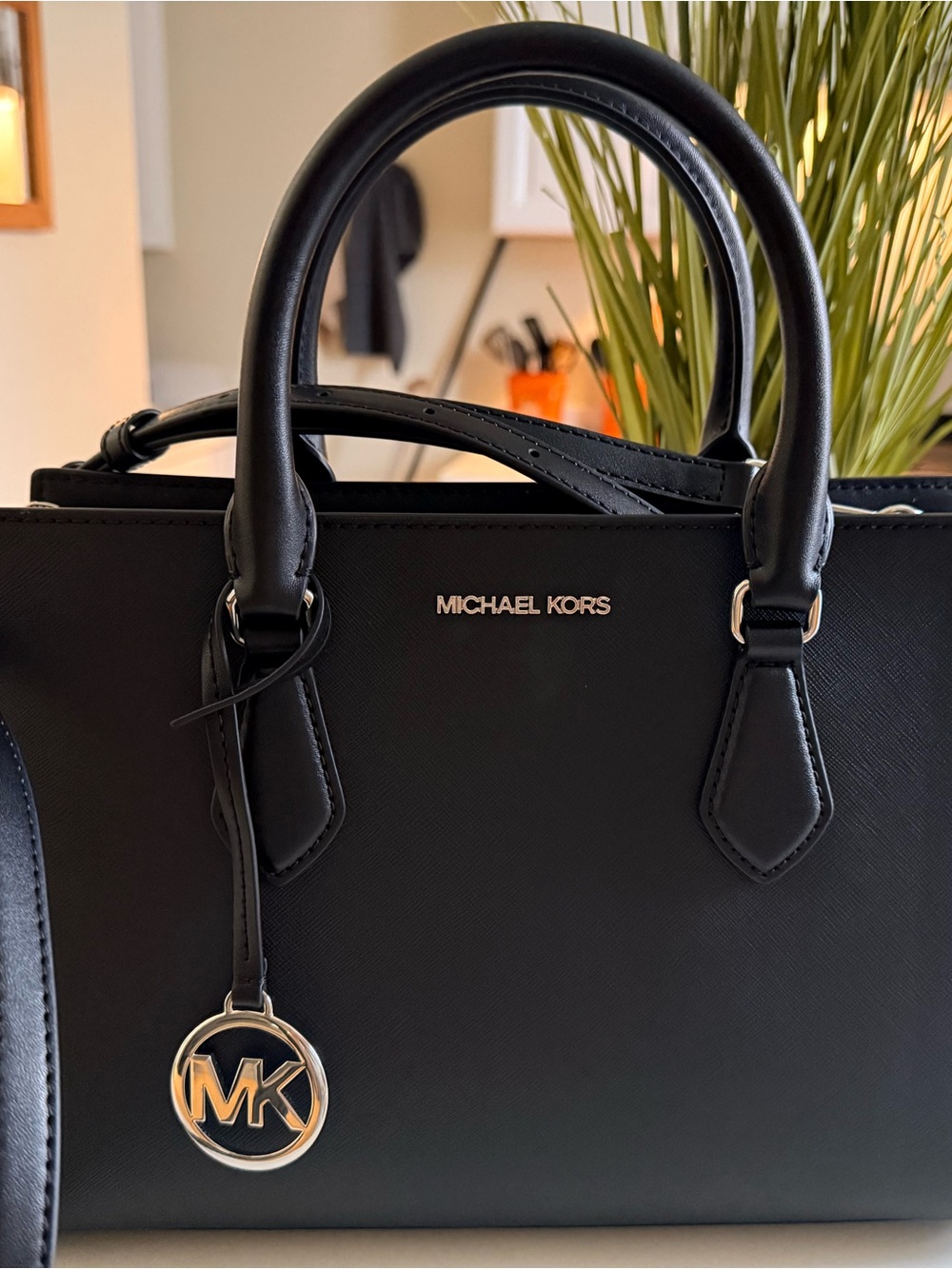 MICHAEL KORS Black Leather Satchel with MK Charm
